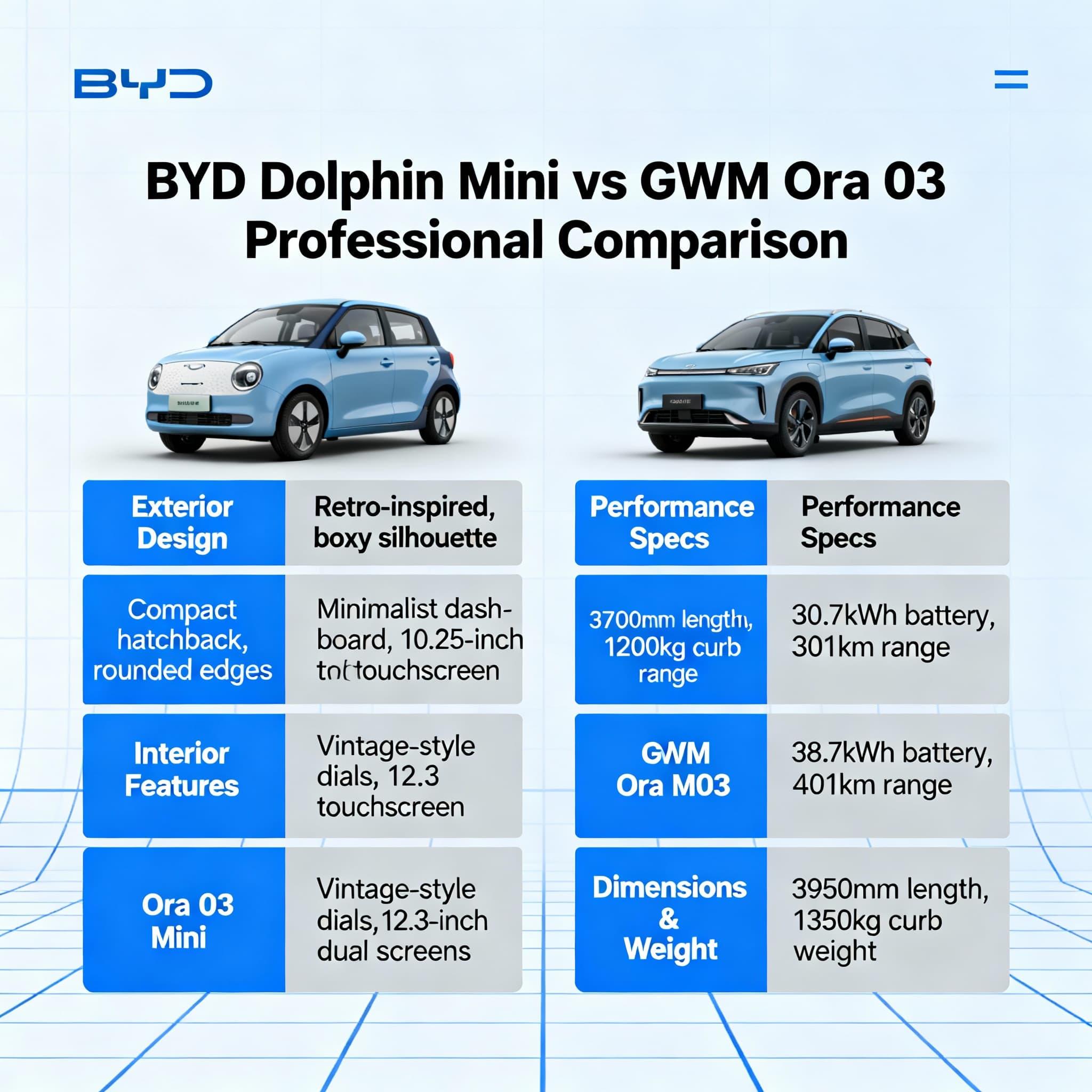 Gráfico comparativo entre especificações técnicas dos modelos BYD e GWM