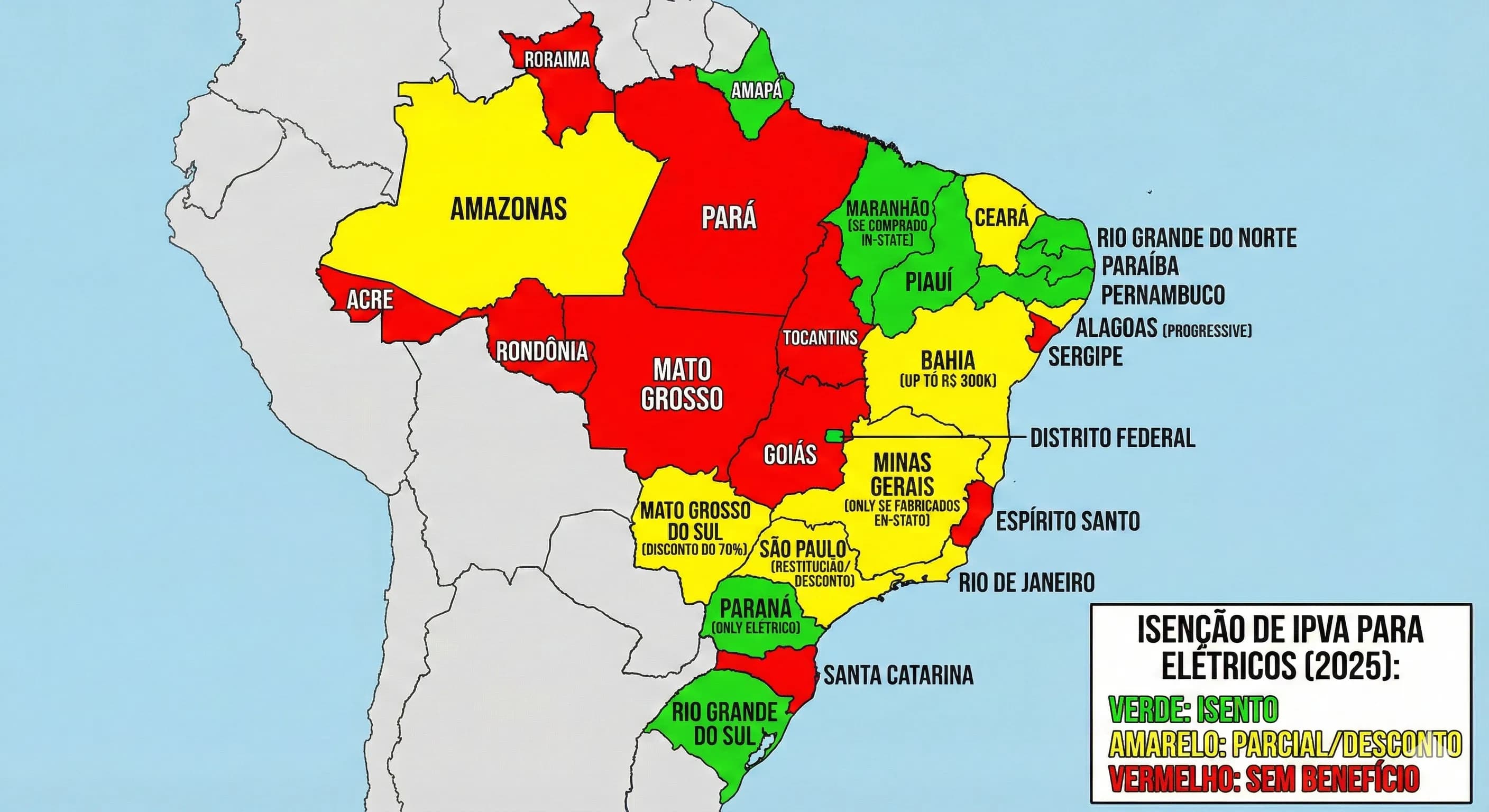 Mapa de estados com benefícios de IPVA para carros elétricos