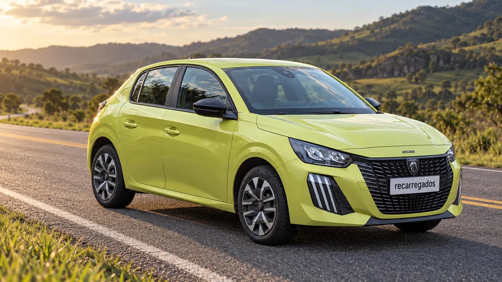 Peugeot 208 Hybrid (GT MHEV): review, preço, consumo e vale a pena? Peugeot 208 Hybrid verde em rodovia entre morros verdes de Minas Gerais, imagem gerada com IA a partir de foto real