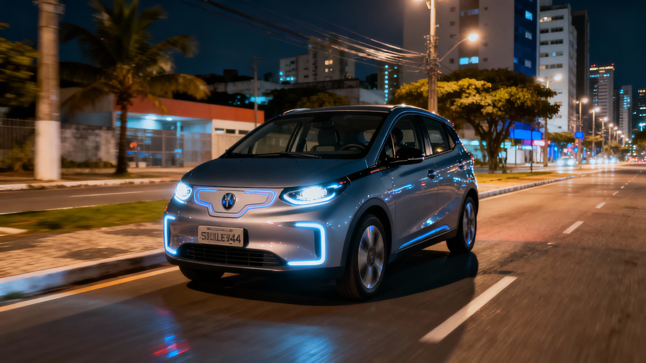 Carro elétrico circulando silenciosamente em rua urbana brasileira à noite