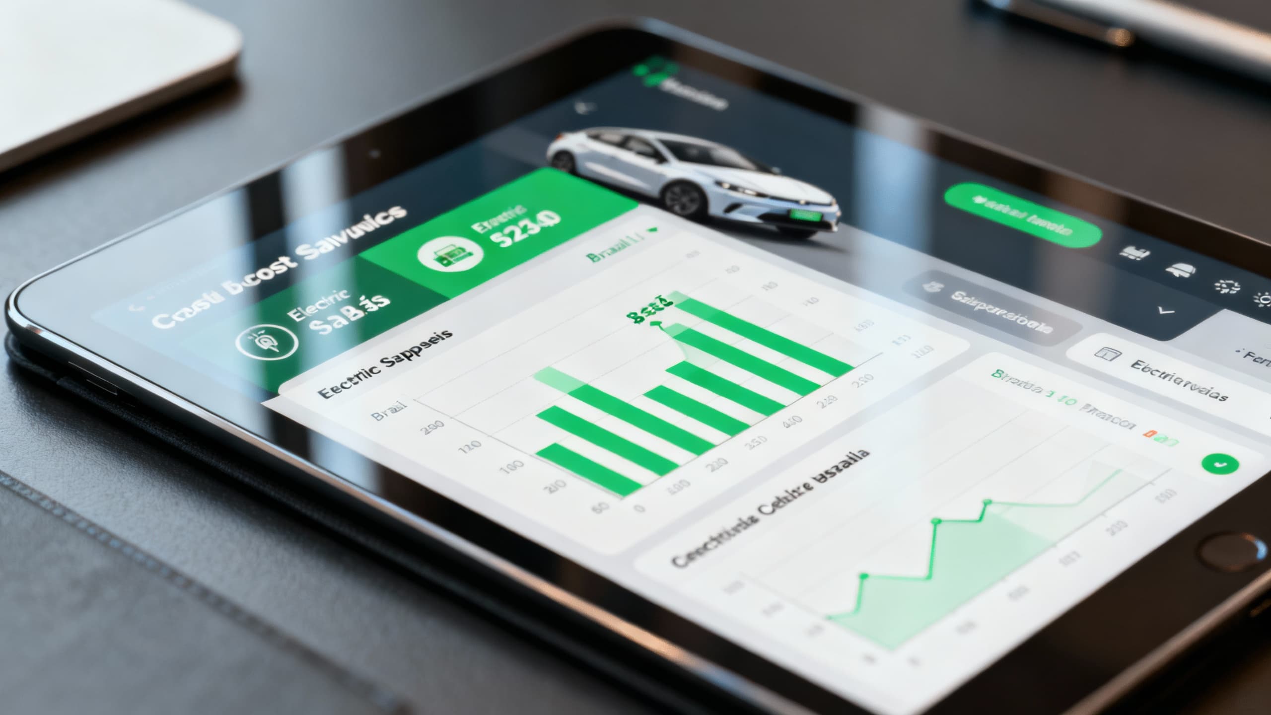 Cálculo de economia de custos comparando carro elétrico versus gasolina em tablet