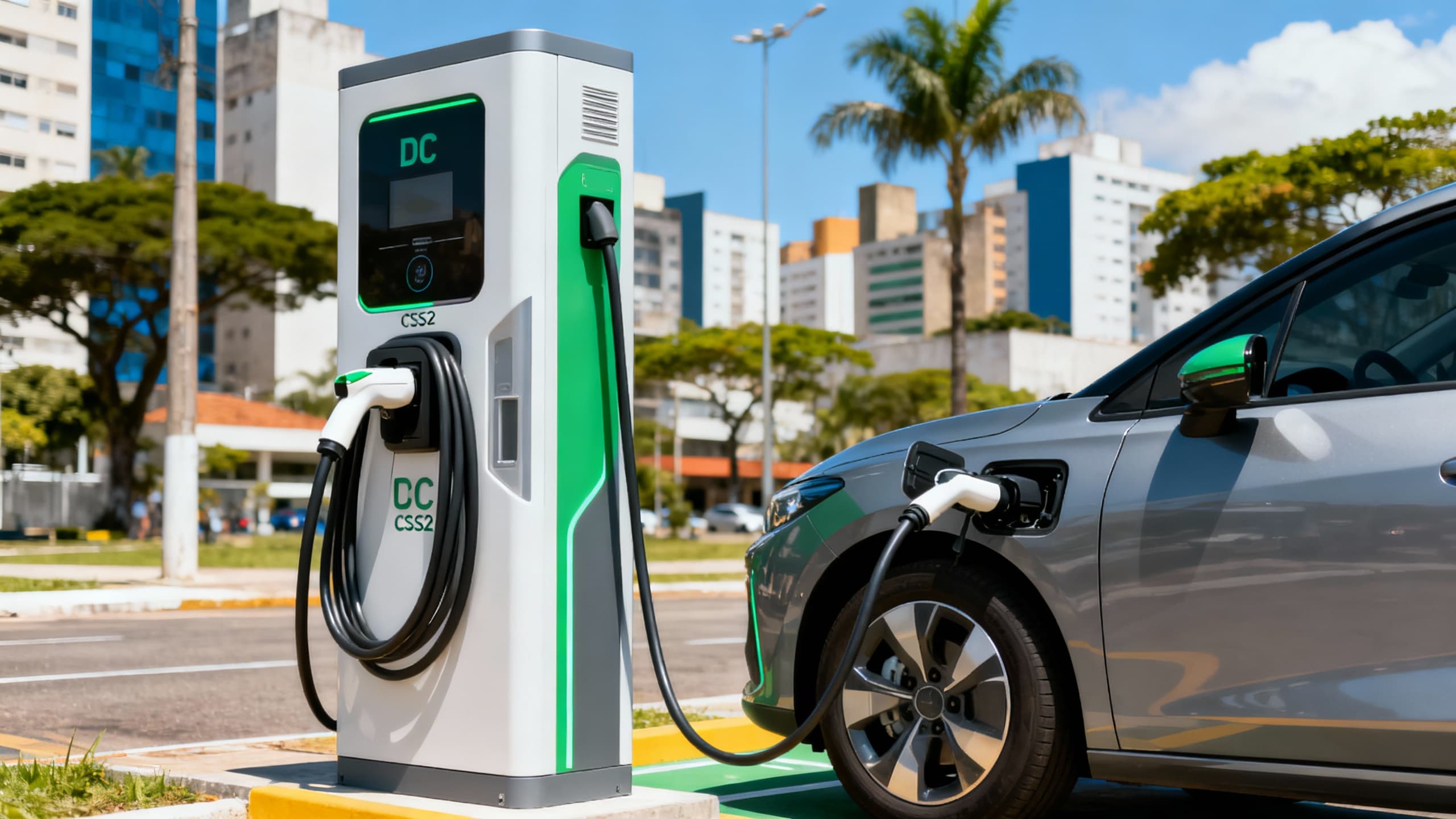 Estação de carregamento rápido DC para veículos elétricos em ambiente urbano brasileiro