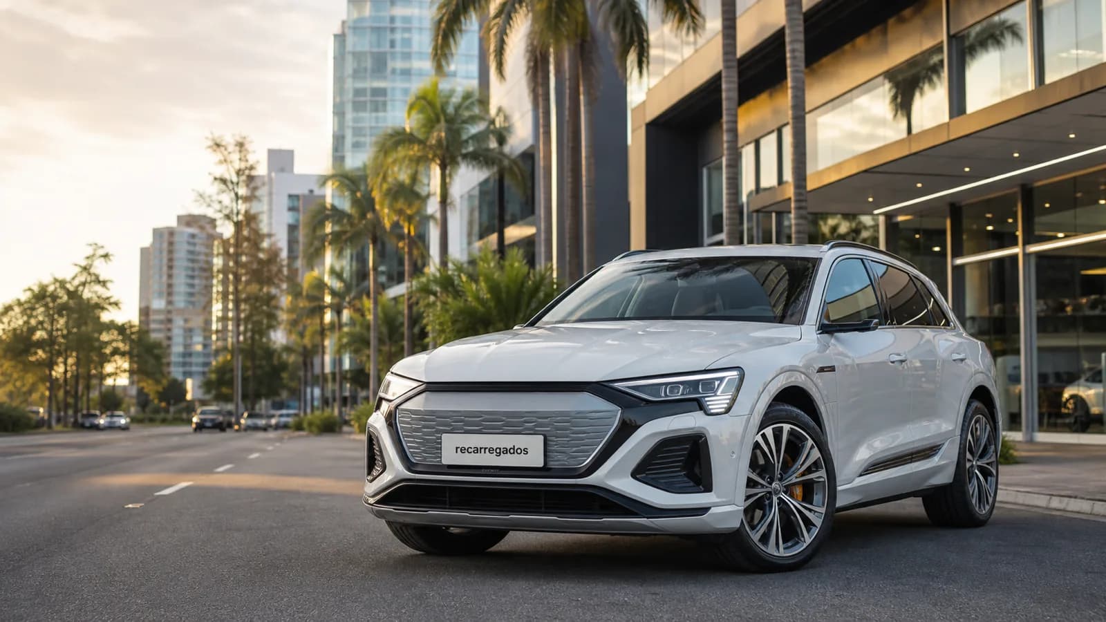 Audi e-tron usado elétrico em avenida brasileira com placa recarregados em destaque