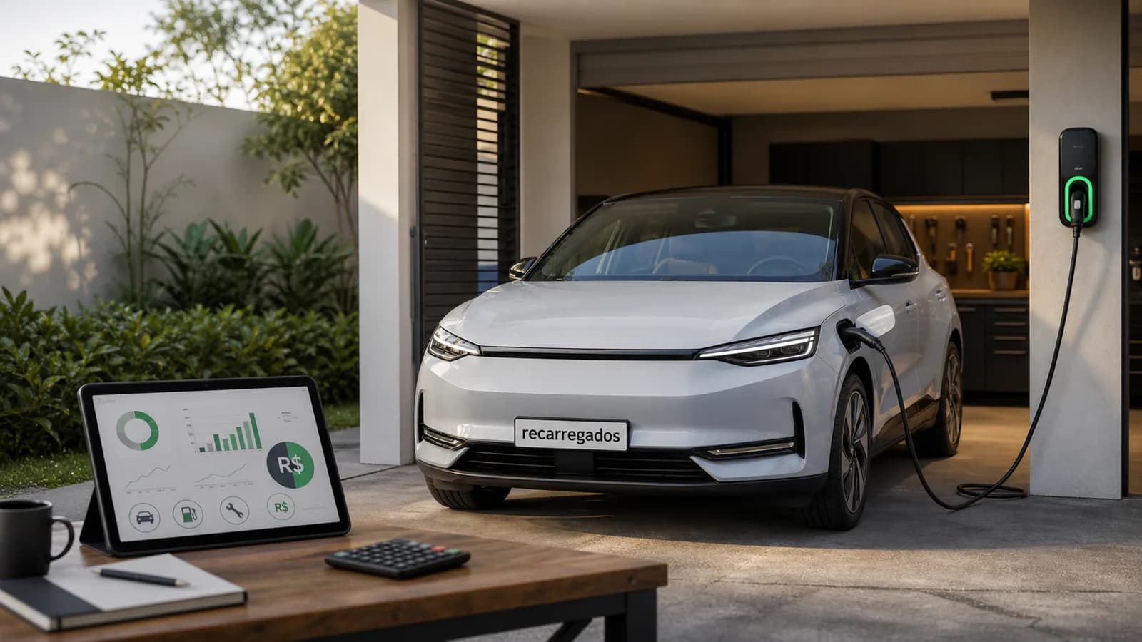 Carro elétrico carregando em casa com tablet financeiro e placa recarregados em destaque