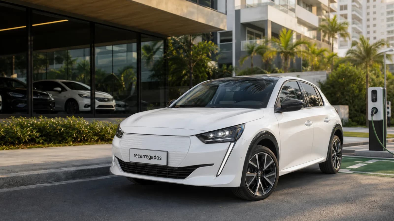 Peugeot e-208 usado elétrico em avenida brasileira com placa recarregados em destaque