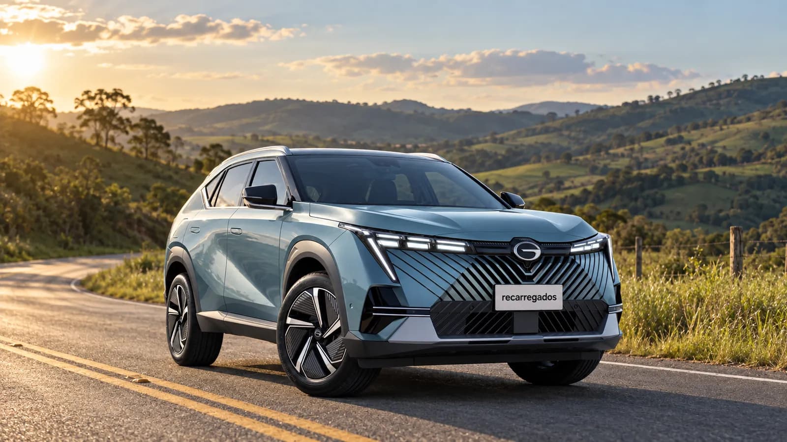 GAC GS4 Hybrid em rodovia entre morros verdes de Minas Gerais, imagem gerada com IA a partir de foto real de divulgação