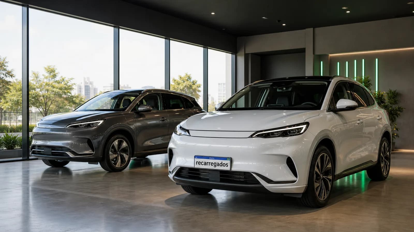 Comparativo BYD vs GWM em imagem editorial realista para o mercado brasileiro de elétricos Dois SUVs elétricos em showroom brasileiro com placa recarregados para comparativo BYD e GWM