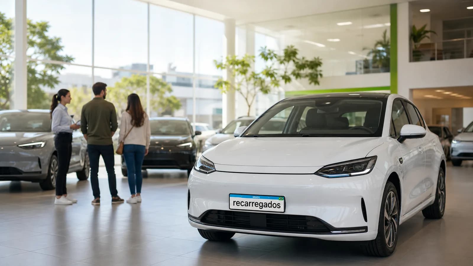 Como escolher carro elétrico: comparação prática de modelos em showroom brasileiro Família escolhendo carro elétrico em concessionária brasileira com veículo de placa recarregados
