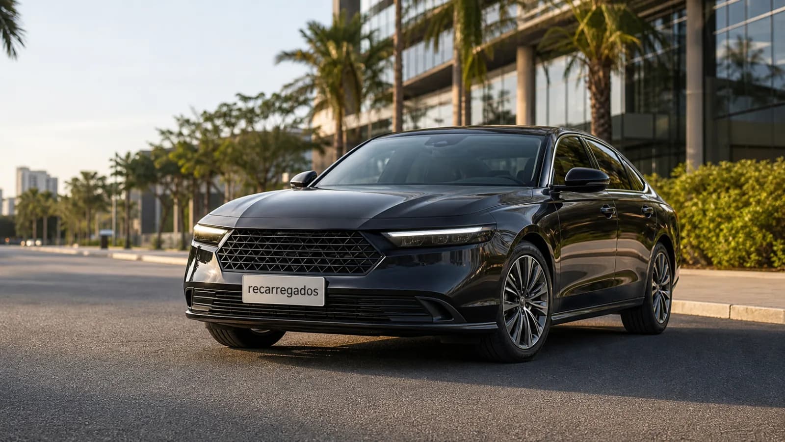 Honda Accord Advanced Hybrid 2026 no Brasil: review com preço, consumo, prós e contras Honda Accord Advanced Hybrid em avenida brasileira com placa recarregados em destaque