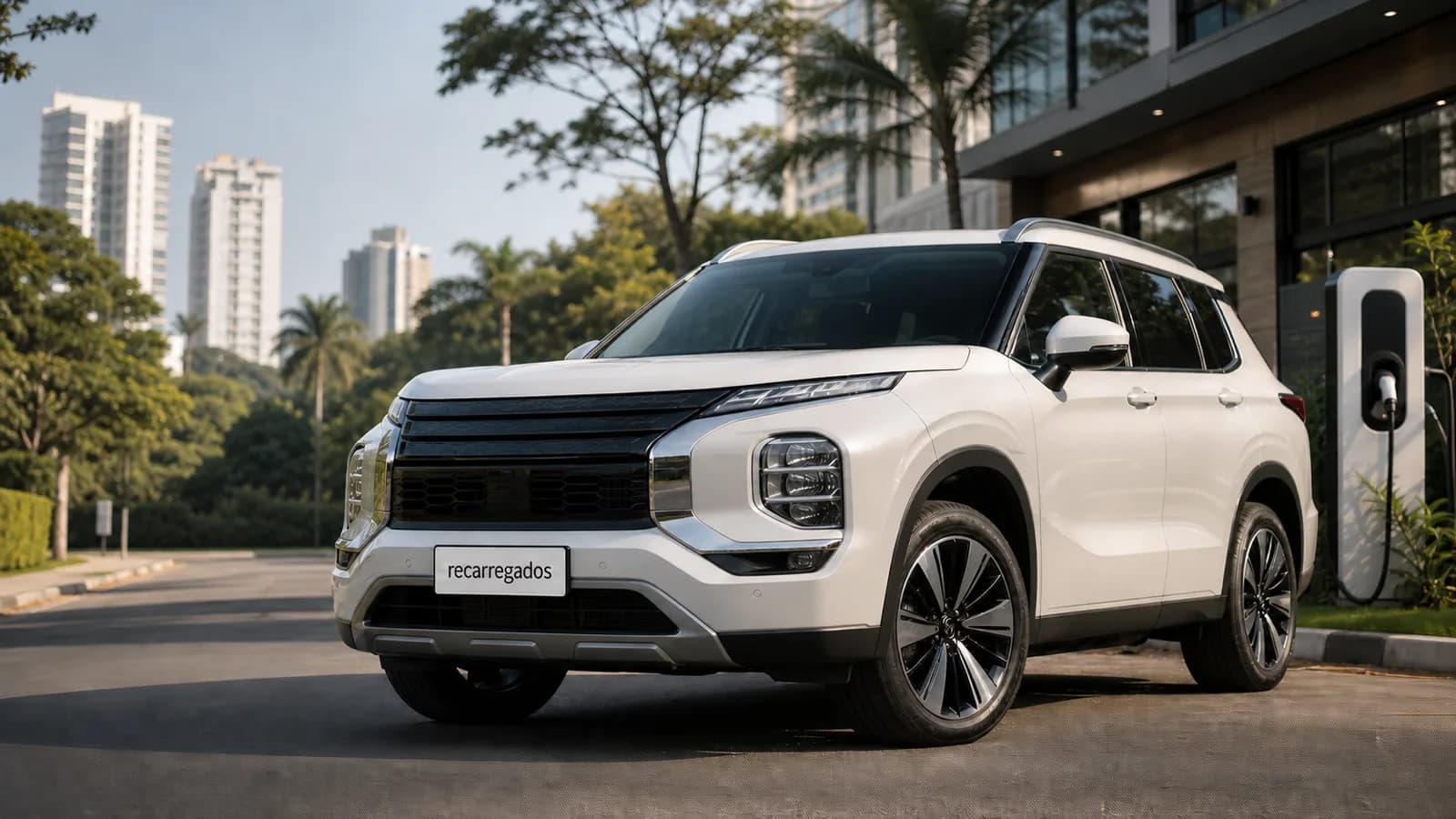 Mitsubishi Outlander PHEV no Brasil: review com preço, autonomia, 7 lugares, prós e contras Mitsubishi Outlander PHEV em avenida brasileira com placa recarregados em destaque