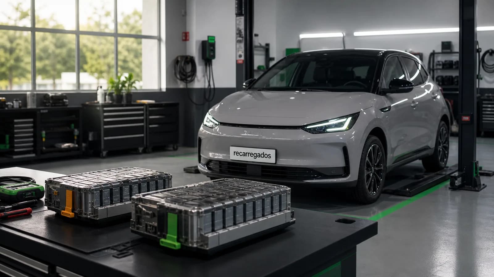 Tecnologias de baterias LFP e NMC: módulos, segurança e durabilidade em carros elétricos Carro elétrico em laboratório com módulos de bateria LFP e NMC e placa recarregados