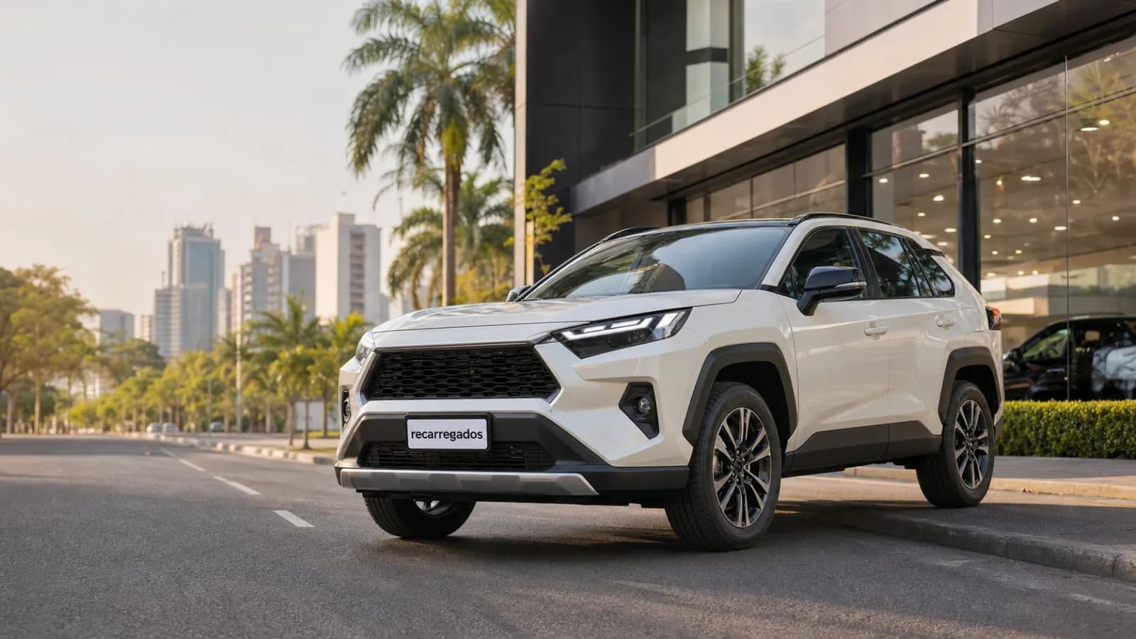 Toyota RAV4 Hybrid 2026 no Brasil: review com preço, consumo, versões, prós e contras SUV híbrido Toyota RAV4 em avenida brasileira com placa recarregados em destaque