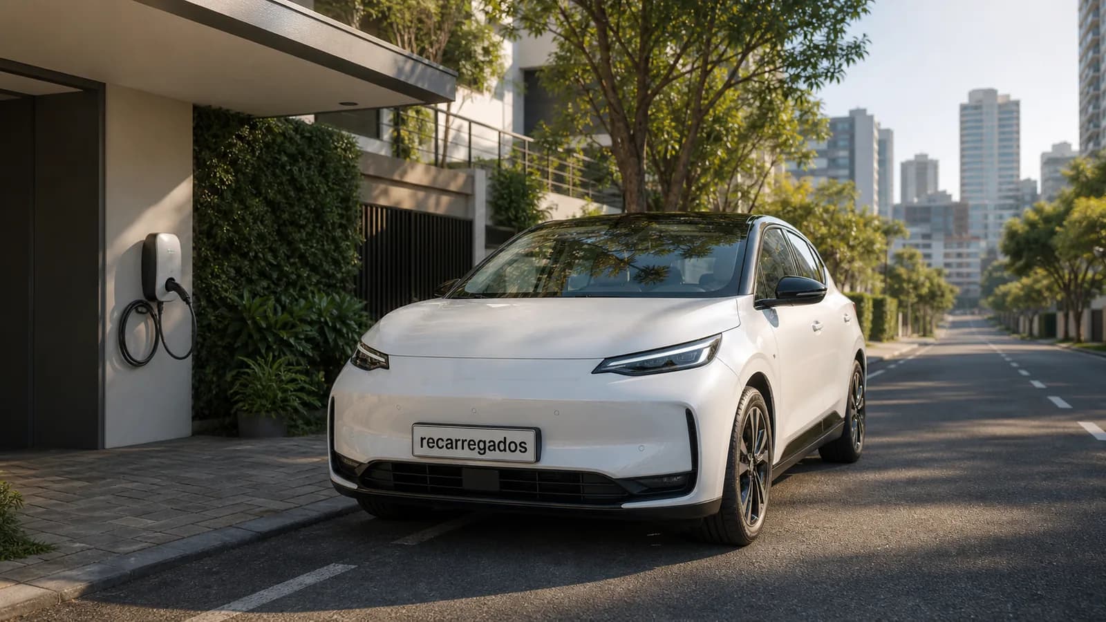 Vantagens do carro elétrico no Brasil: economia, conforto e recarga residencial Carro elétrico saindo de casa com carregador residencial e placa recarregados visível