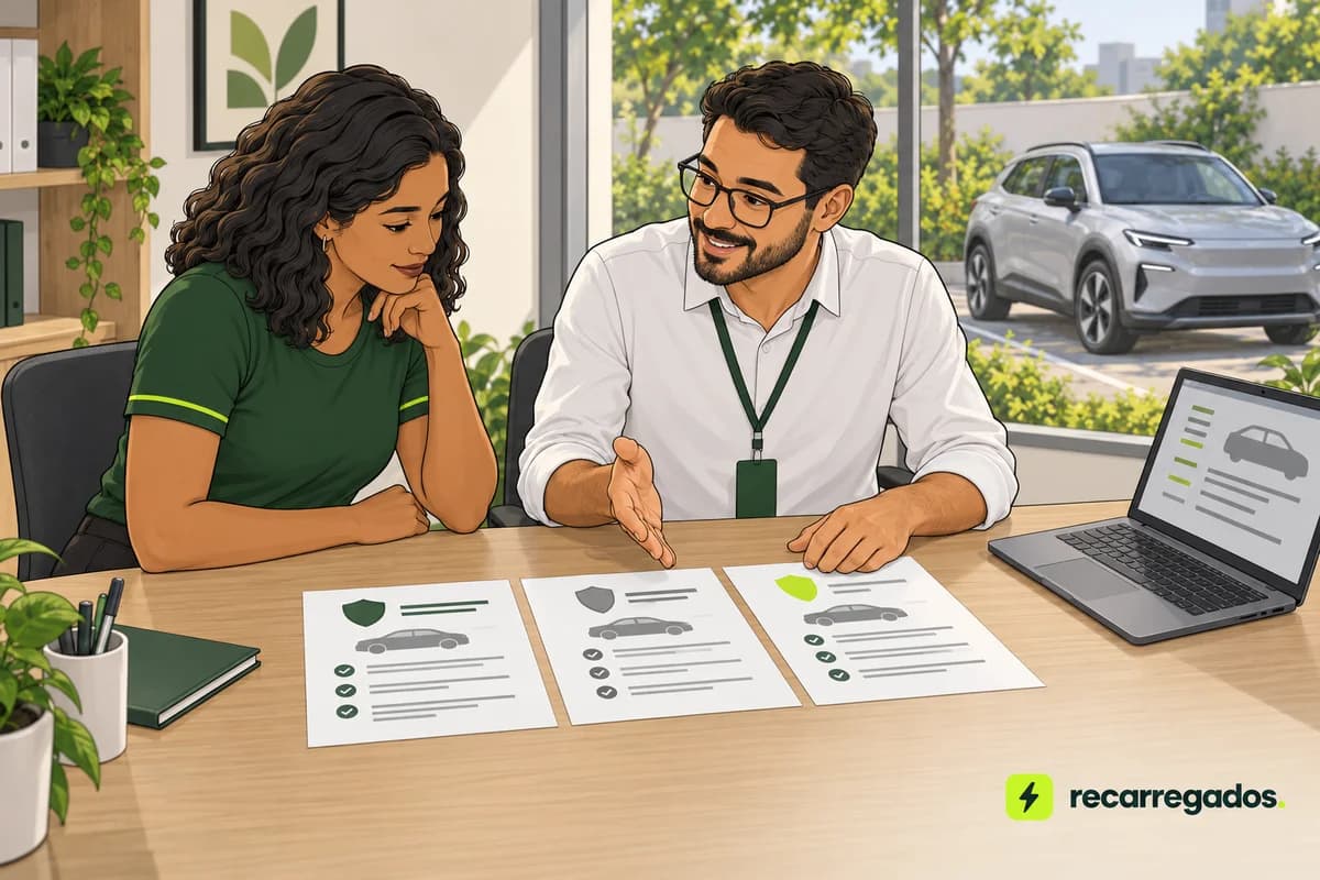 Motorista comparando cotações de seguro de um carro elétrico com o corretor.