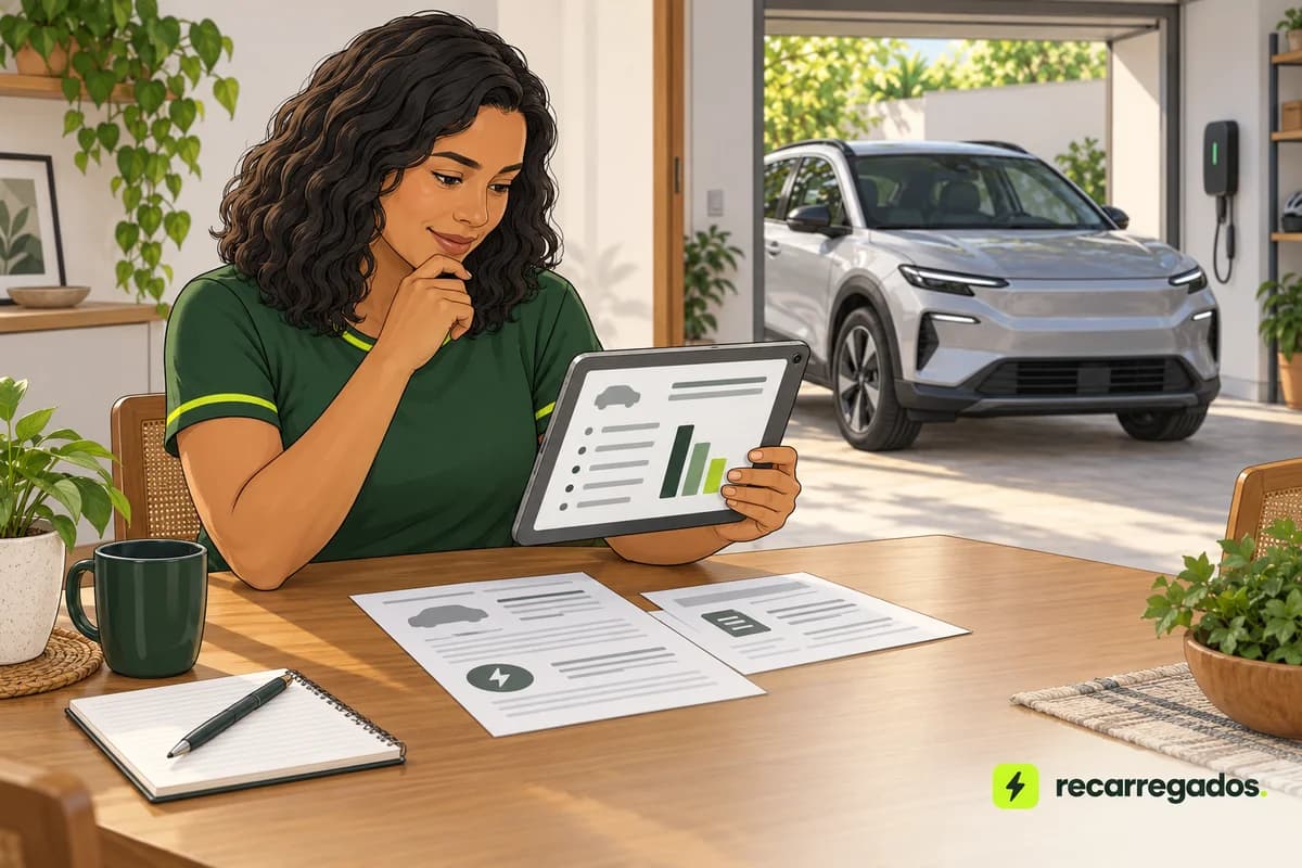 Pessoa conferindo na tabela o valor de referência do carro elétrico usado na indenização.