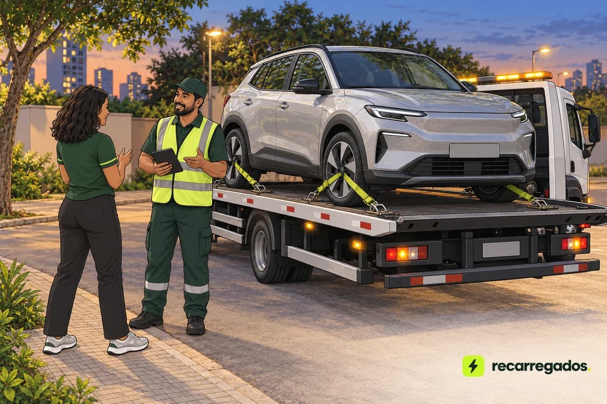 Guincho plataforma levando um carro elétrico com bateria descarregada até um carregador.
