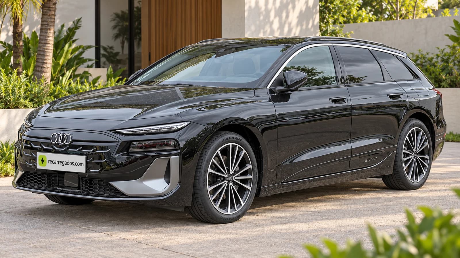 Audi A6 Avant e-tron em casa contemporânea com jardim tropical, imagem gerada com IA a partir de foto real