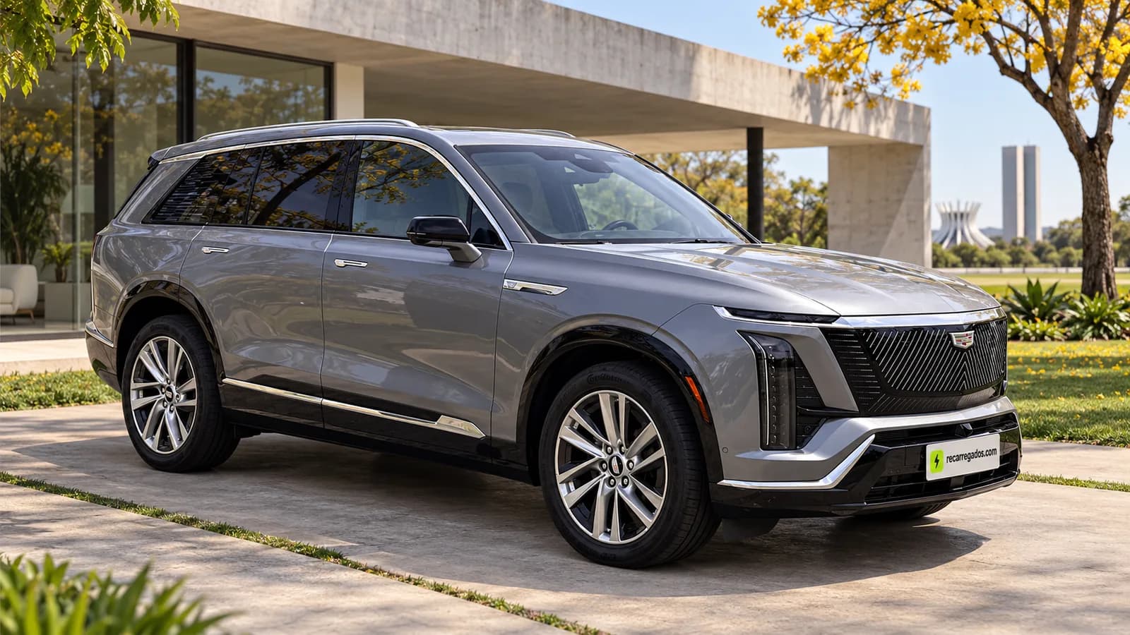 Cadillac Vistiq cinza diante de casa modernista em Brasília, imagem gerada com IA a partir de foto real