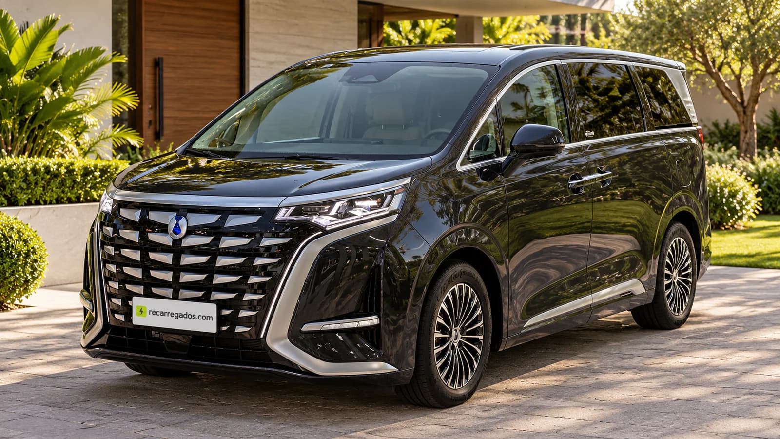 Denza D9 luxury plug-in hybrid minivan em residência brasileira com jardim, imagem gerada com IA a partir de foto real