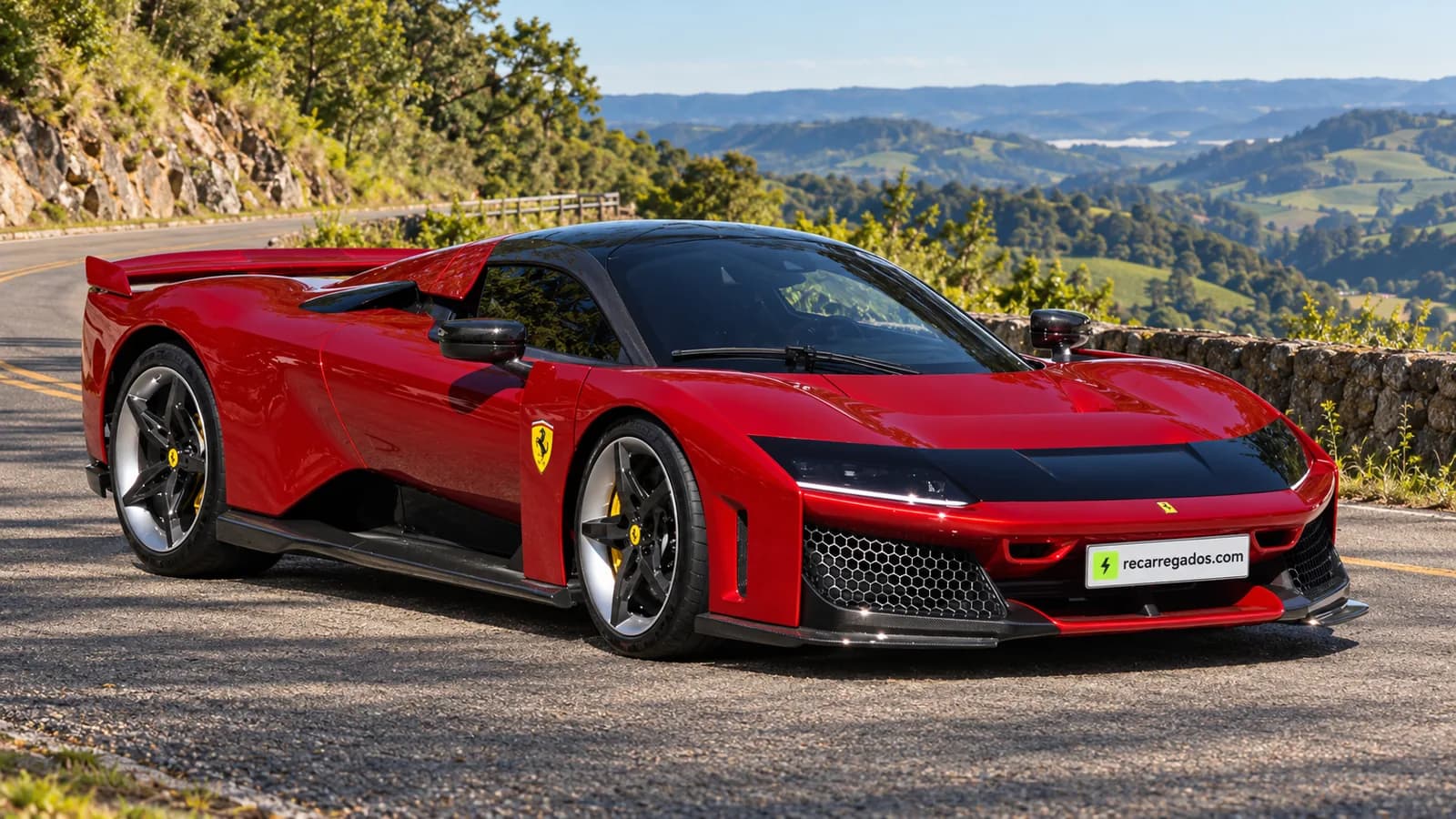Ferrari F80 vermelha em estrada de serra no Rio Grande do Sul, imagem gerada com IA a partir de foto real