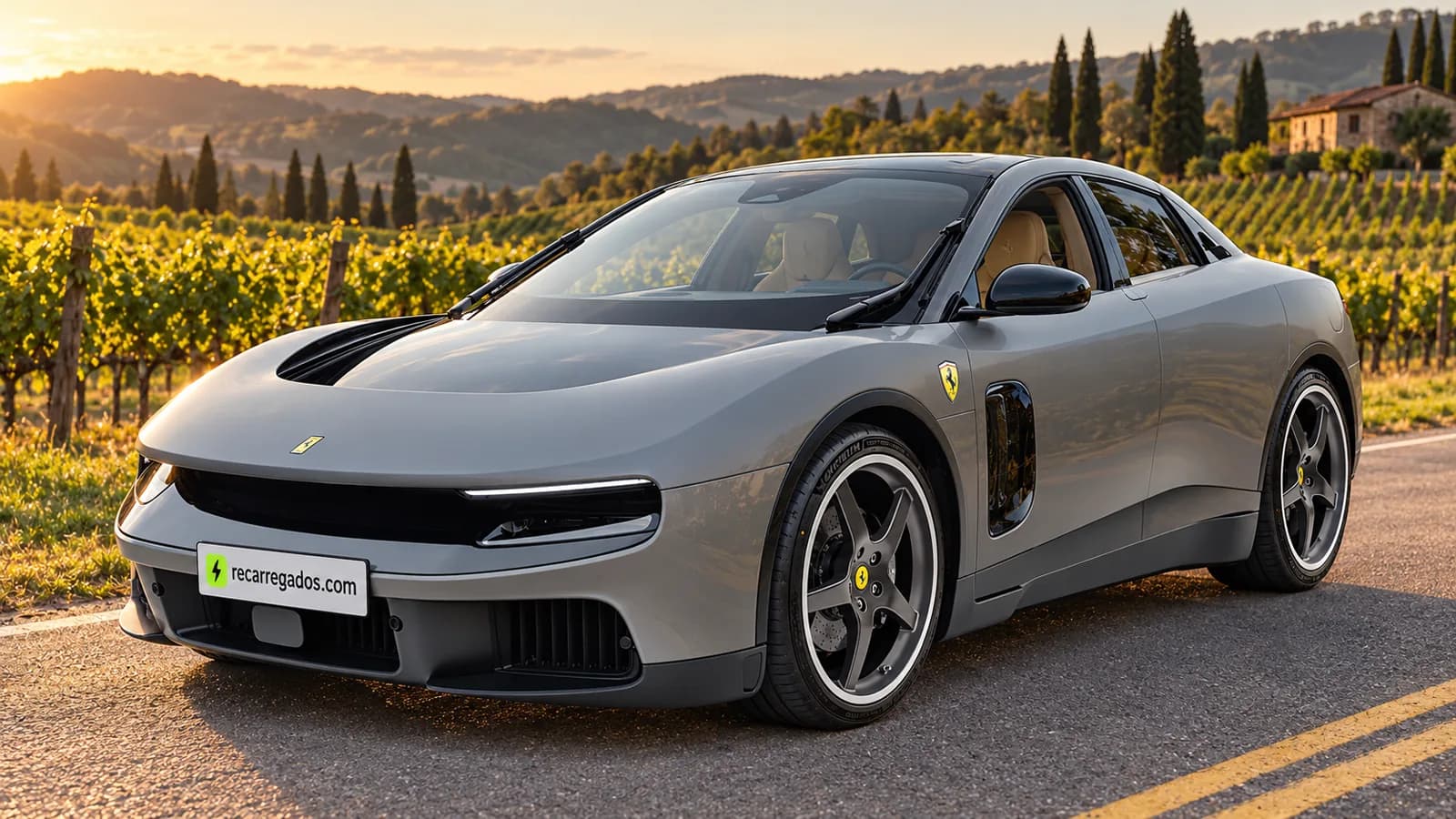 Ferrari Luce cinza em estrada da Serra Gaúcha, imagem gerada com IA a partir de foto real