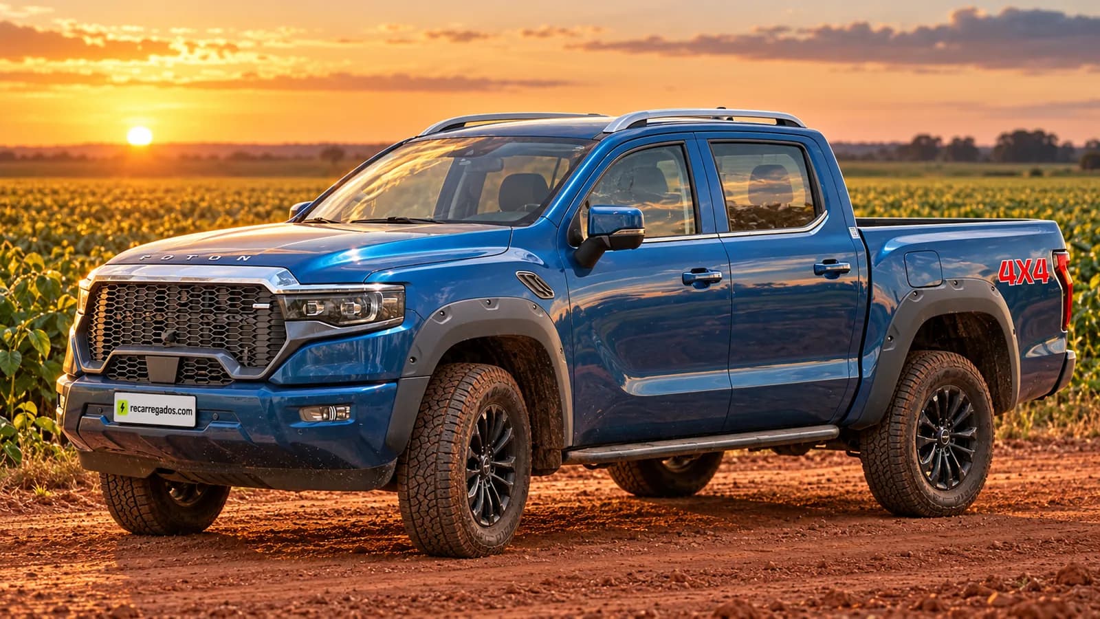 Foton Tunland azul em estrada de terra de fazenda no Mato Grosso, imagem gerada com IA a partir de foto real