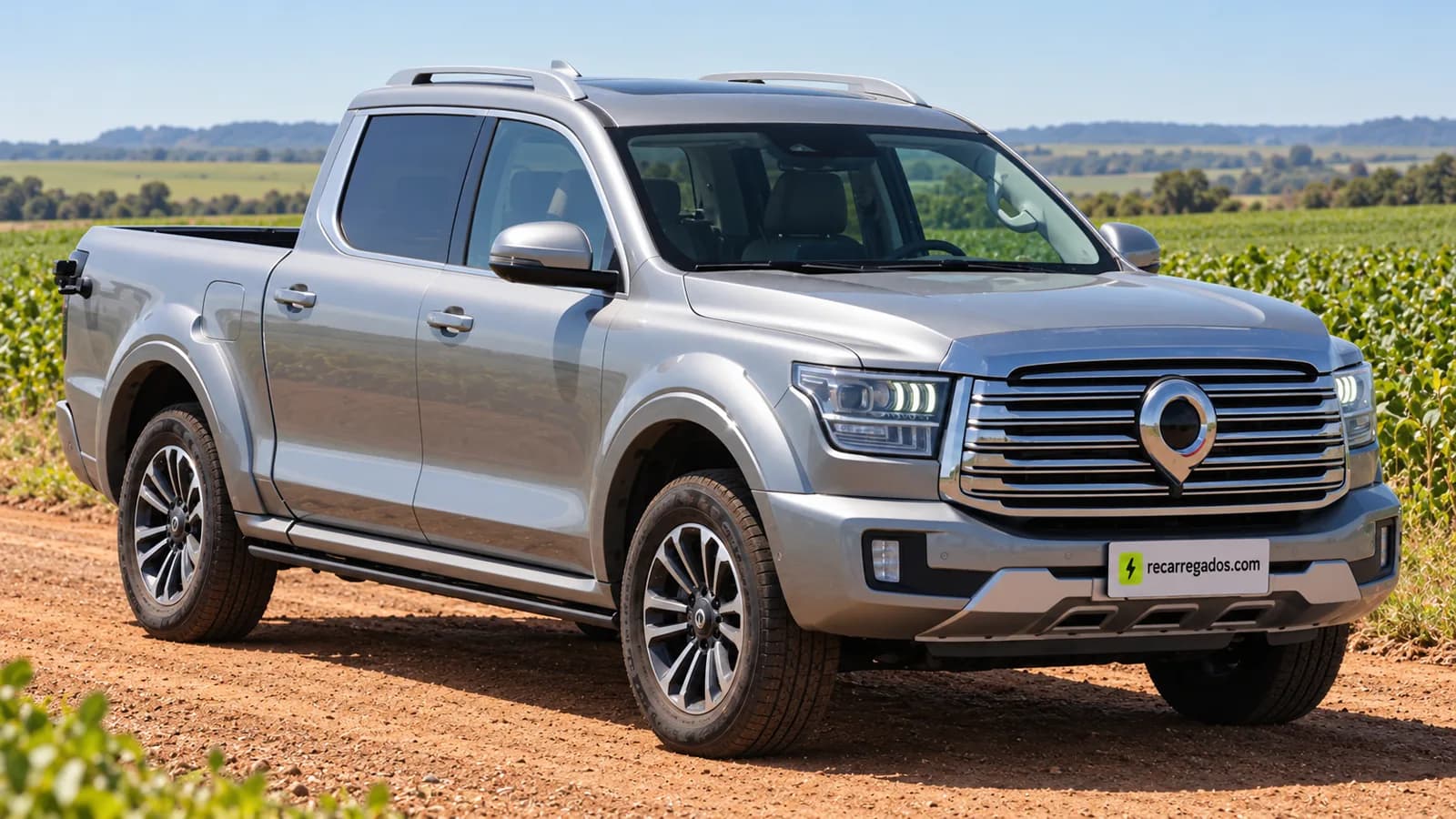GWM Poer P500 PHEV prata em estrada de fazenda em Goiás, imagem gerada com IA a partir de foto real