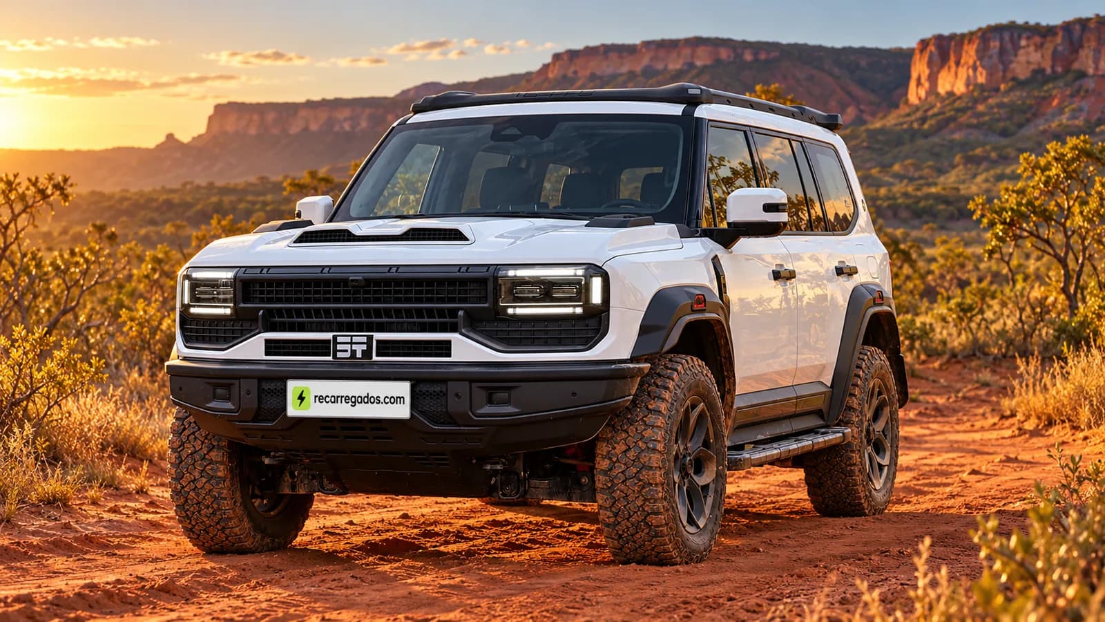 Jetour G700 branco em trilha de terra no Jalapão, imagem gerada com IA a partir de foto real