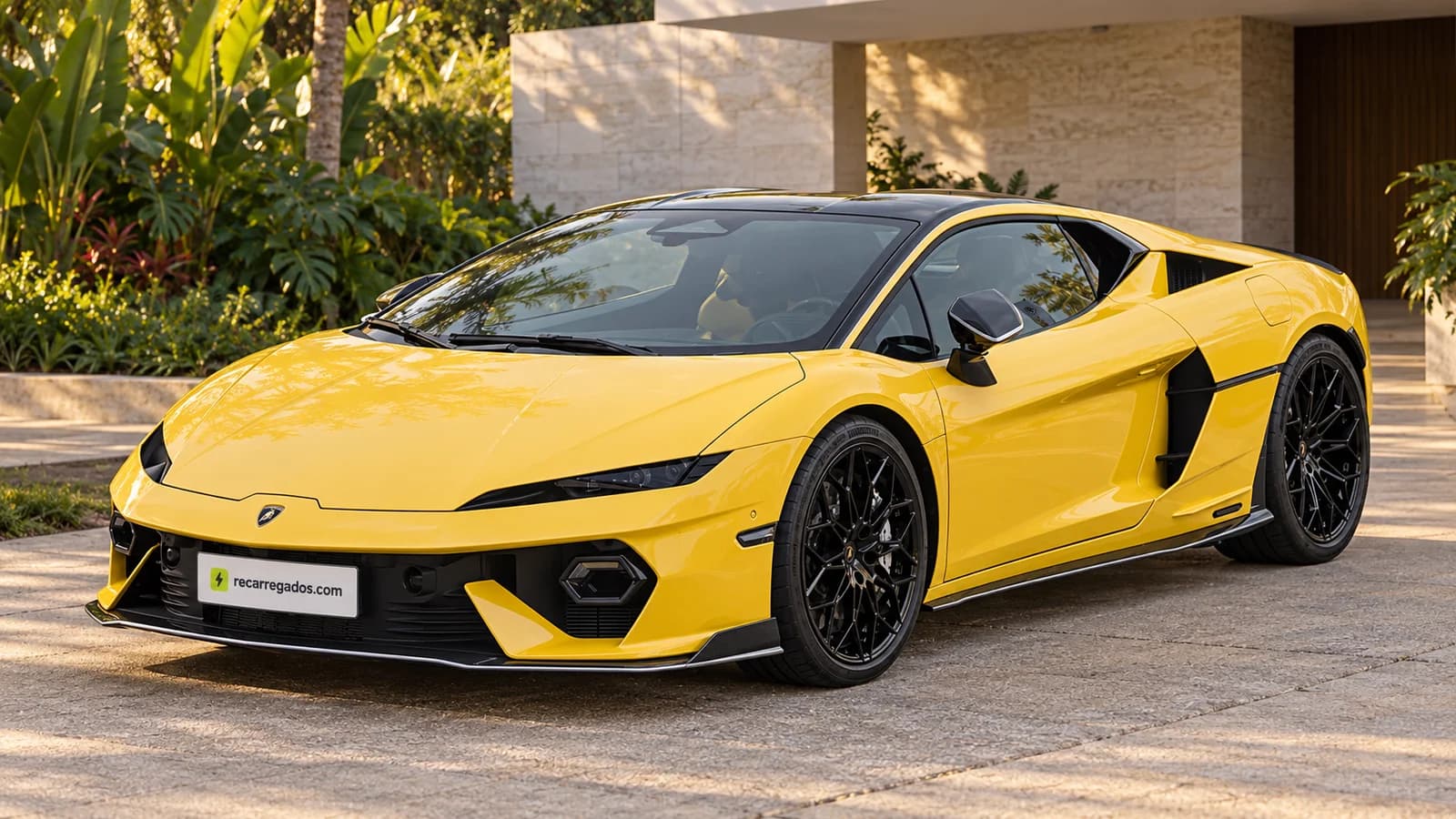 Lamborghini Temerario em residência modernista brasileira, imagem gerada com IA a partir de foto real