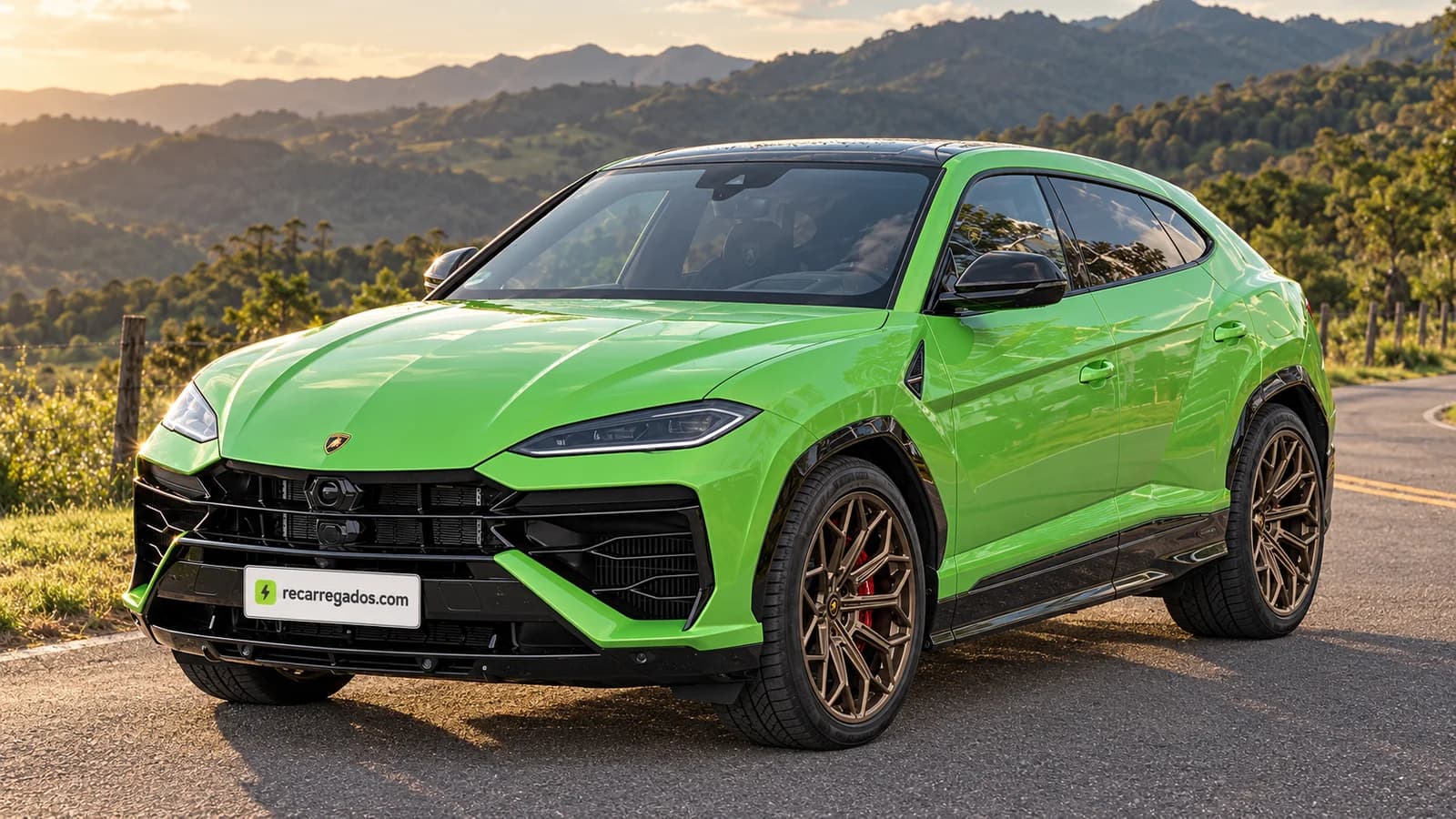 Lamborghini Urus SE em estrada na Serra da Mantiqueira, imagem gerada com IA a partir de foto real