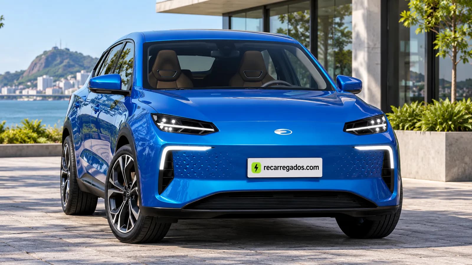 Lecar 459 azul diante de prédio moderno em Vitória, imagem gerada com IA a partir de imagem oficial