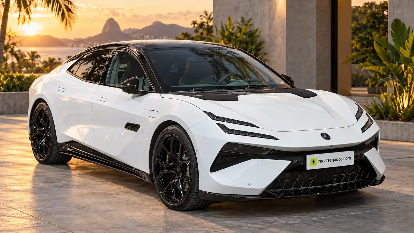 Lotus Emeya em pátio de residência brasileira, imagem gerada com IA a partir de foto real