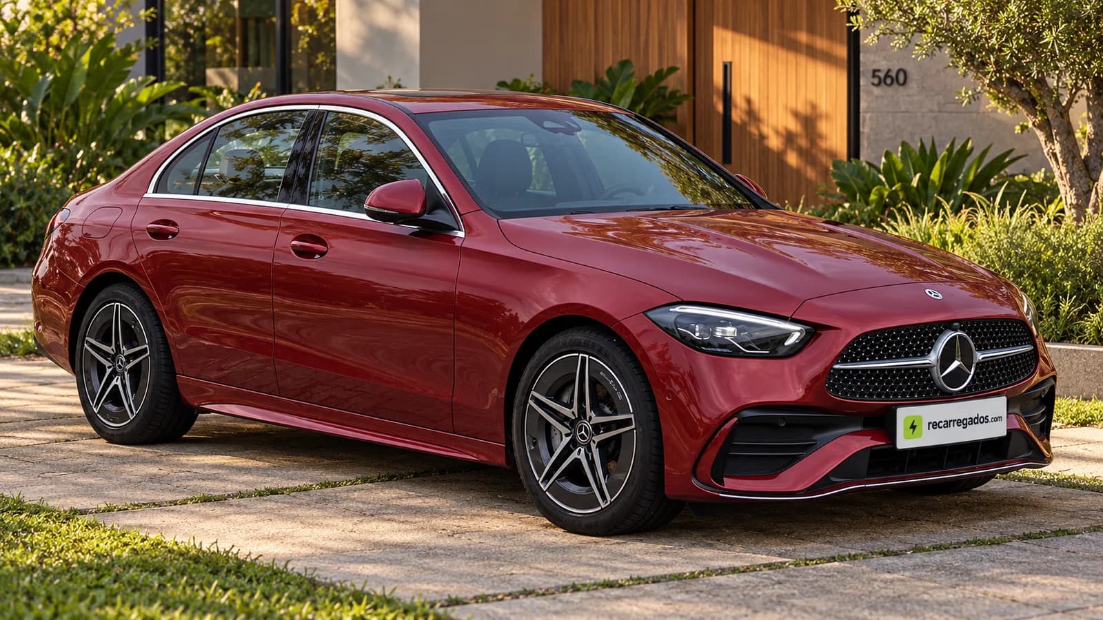Mercedes-Benz C 200 AMG Line W206 sedan em residência contemporânea de Campinas, imagem gerada com IA a partir de foto real