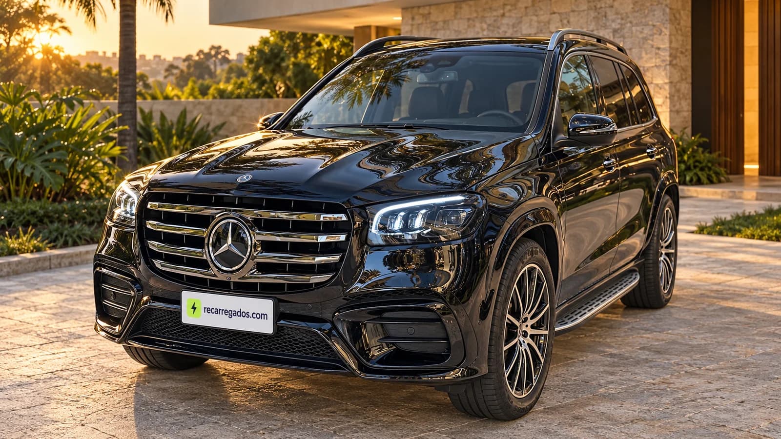 Mercedes-Benz GLS 450 4MATIC facelift X167 em residência brasileira com jardim tropical, imagem gerada com IA a partir de foto real