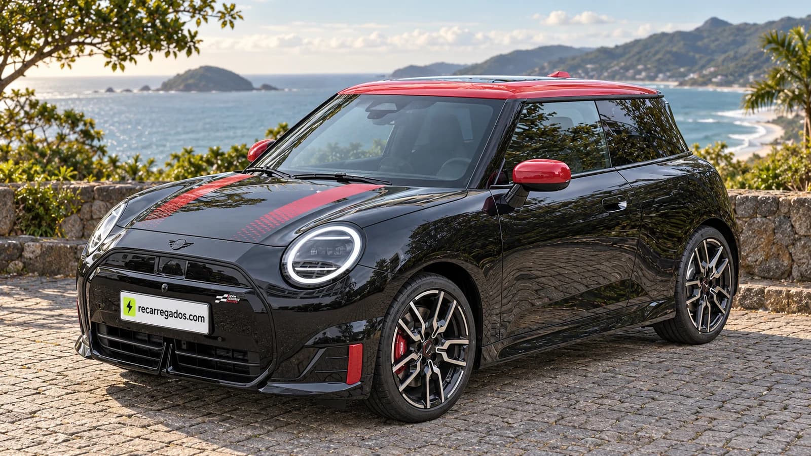 MINI John Cooper Works electric J01 em mirante no litoral de Florianópolis, imagem gerada com IA a partir de foto real