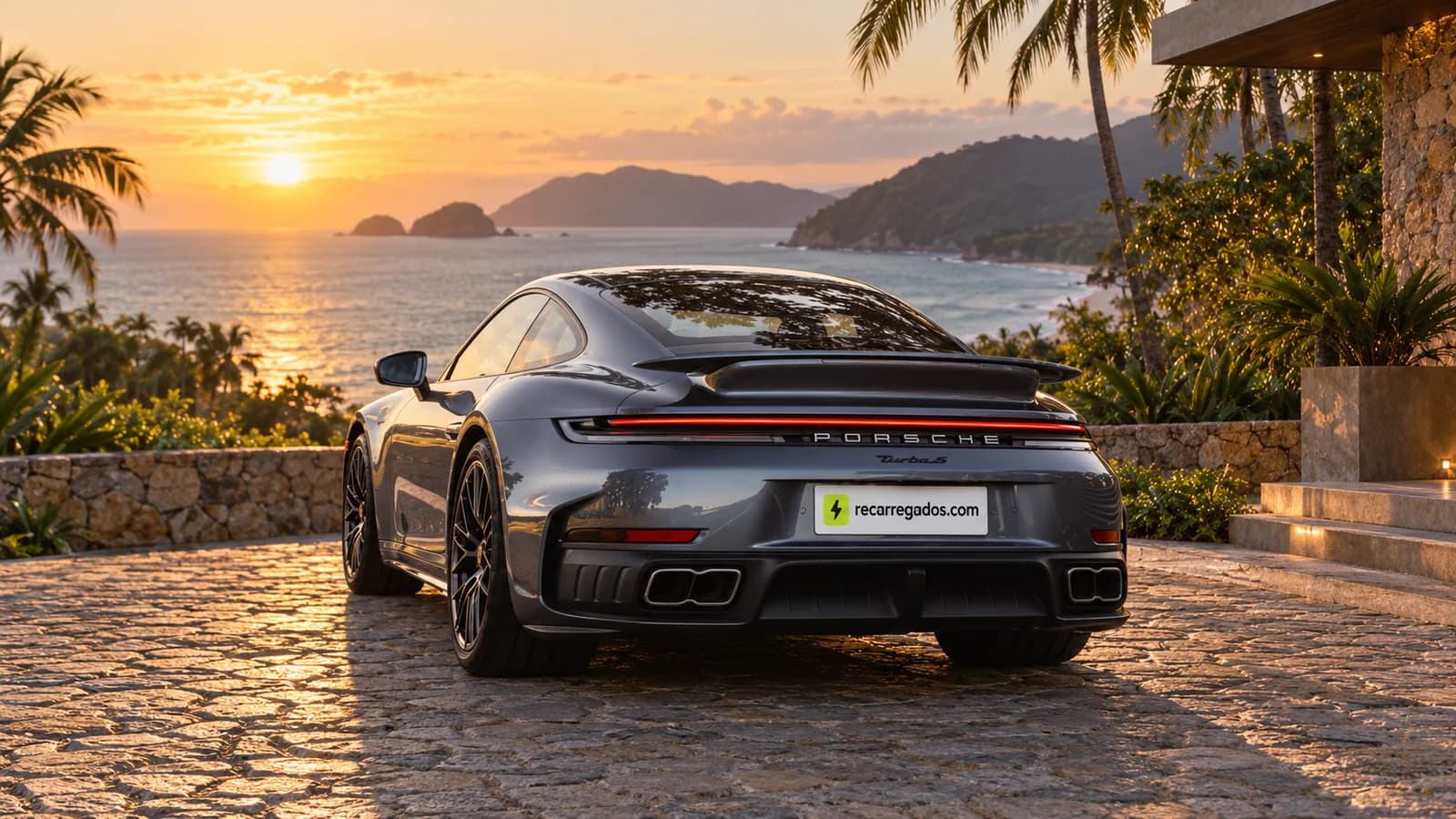 Porsche 911 Turbo S T-Hybrid 992.2 cinza, cupê em uma casa no litoral, imagem gerada com IA a partir de foto real