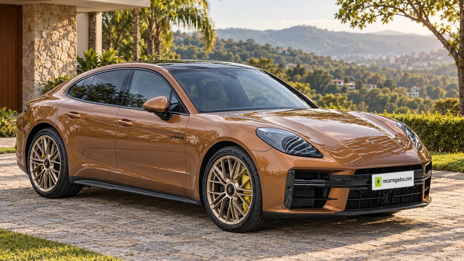 Porsche Panamera Turbo E-Hybrid cobre, sedã da geração 972 em uma casa de campo, imagem gerada com IA a partir de foto real