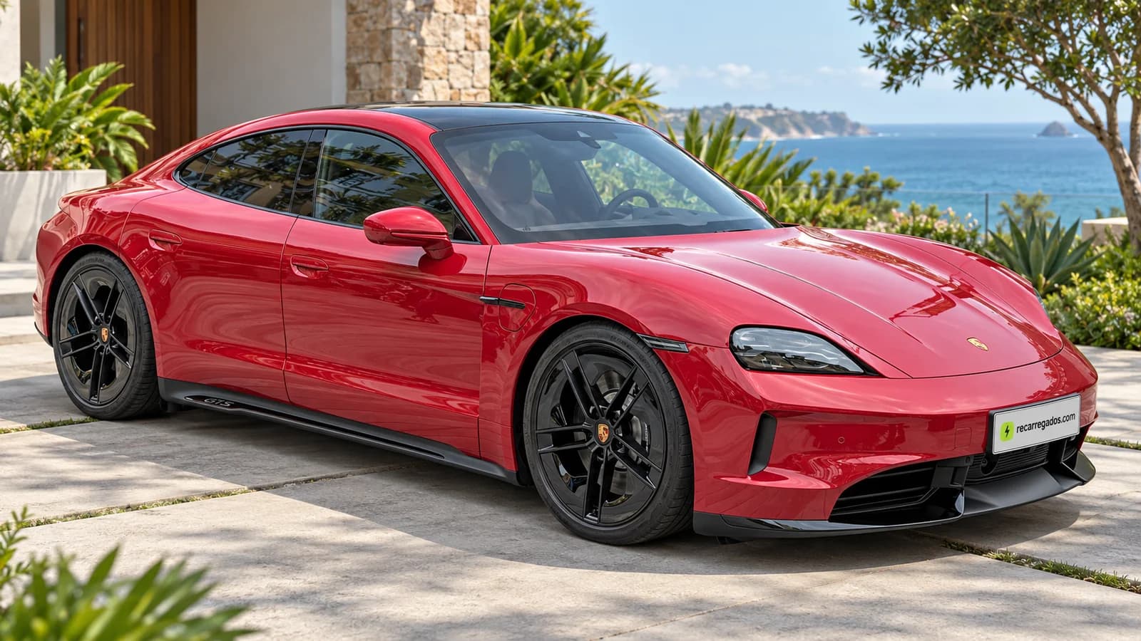 Porsche Taycan vermelho, sedã elétrico em uma casa no litoral, imagem gerada com IA a partir de foto real